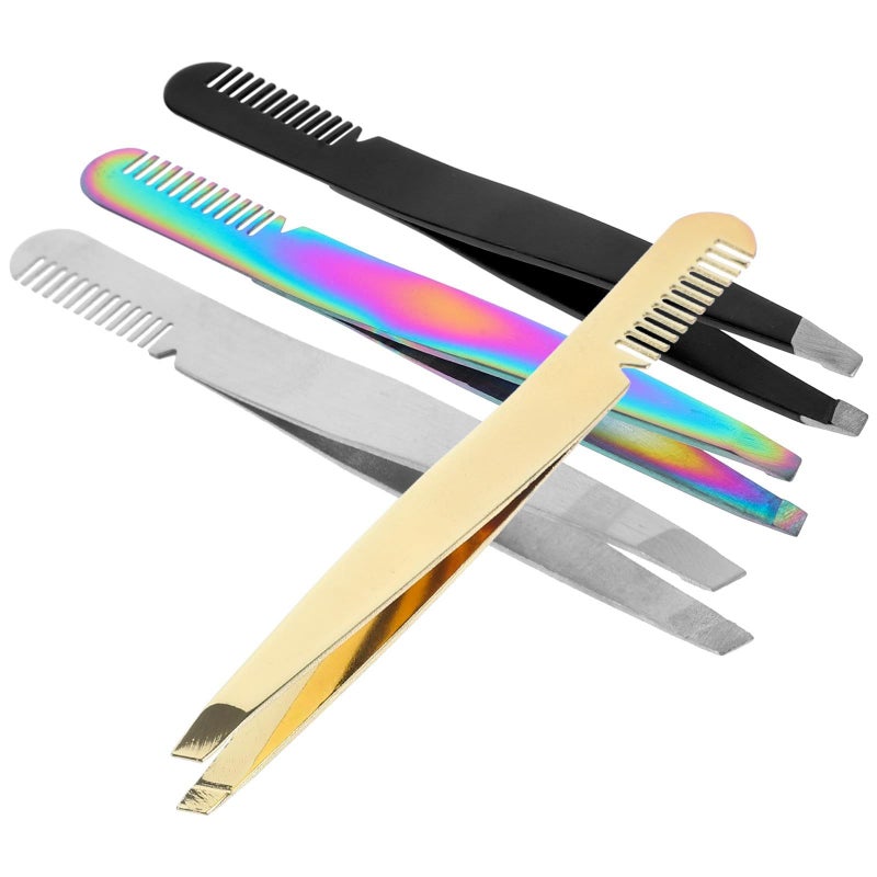 4 Pcs Surgical Steel Slant Tip Eyebrow Tweezers Precision Hair Removal Grooming Kit - Image 2