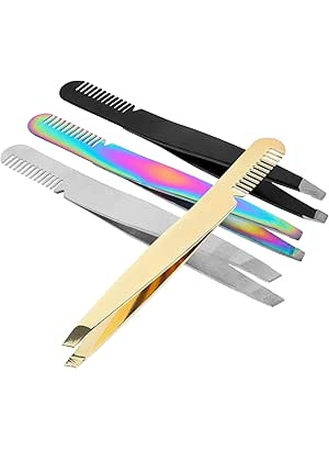 4 Pcs Surgical Steel Slant Tip Eyebrow Tweezers Precision Hair Removal Grooming Kit - Image 1