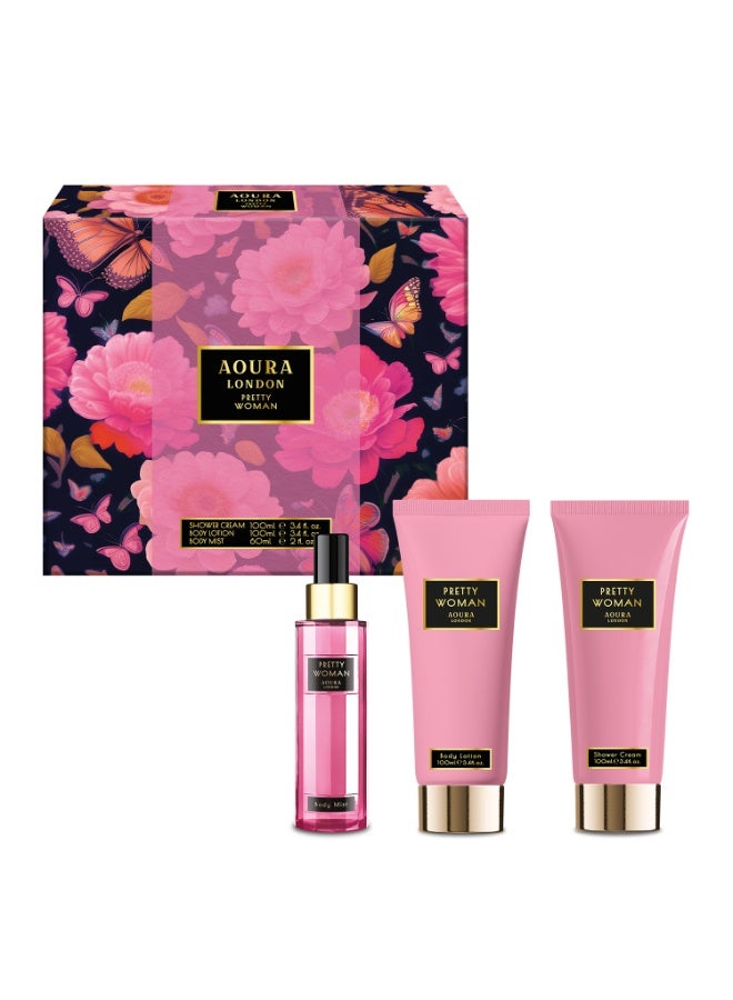 Aoura London Pretty Woman Gift Set – Body Mist 60ml + Shower Gel 100ml + Body Lotion 100ml | Women’s Fragrance & Body Care Set | Long-Lasting, Moisturizing, Perfect Gift for Women & Girls - Image 1