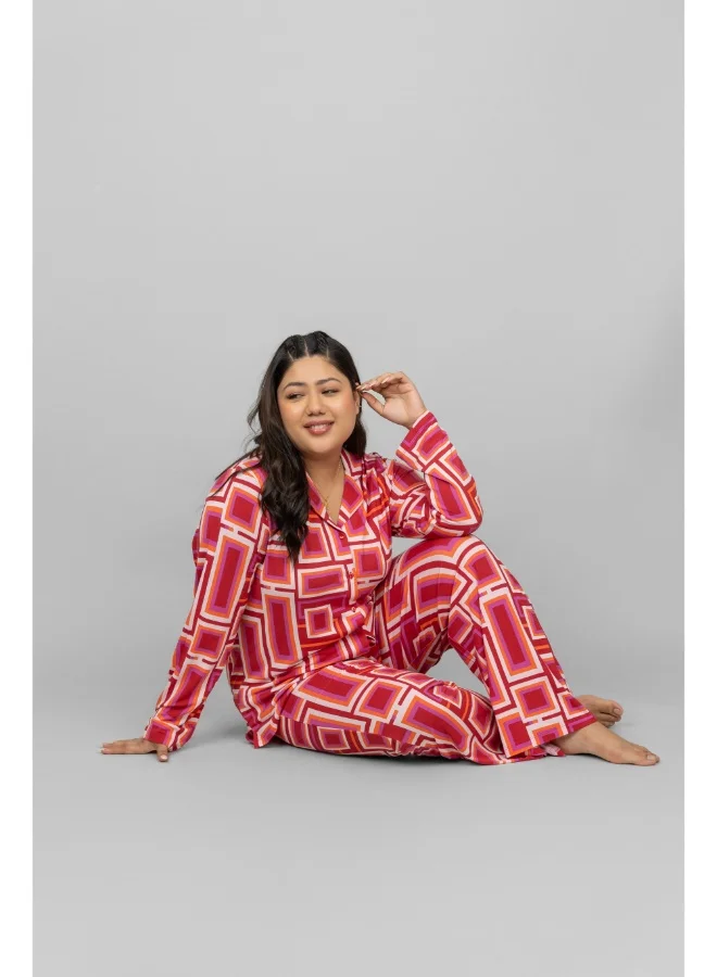 NeceSera Red Zen Full Sleeves Button Down Pajama Set