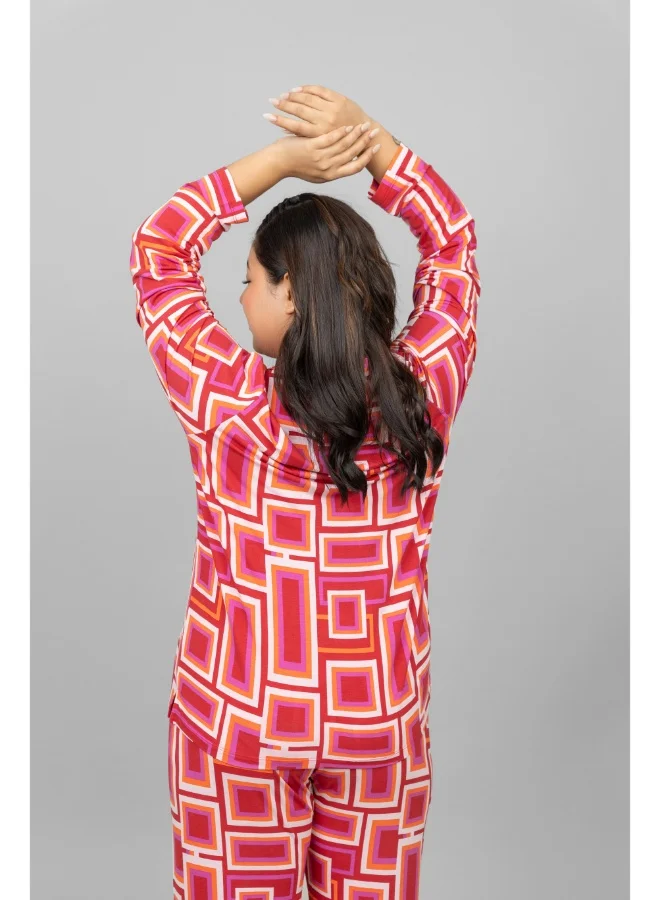 NeceSera Red Zen Full Sleeves Button Down Pajama Set