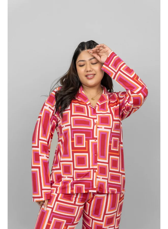 NeceSera Red Zen Full Sleeves Button Down Pajama Set