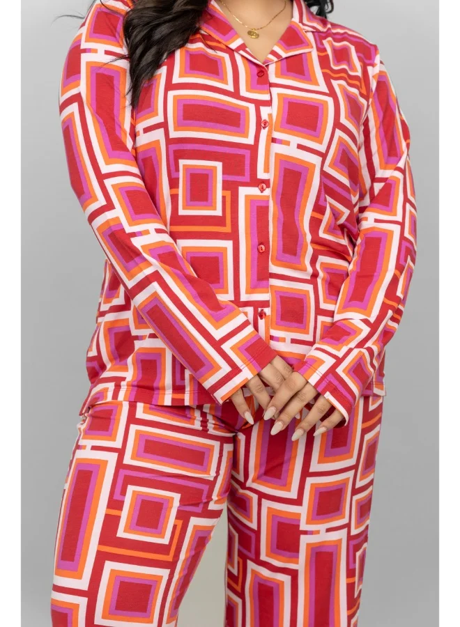 NeceSera Red Zen Full Sleeves Button Down Pajama Set