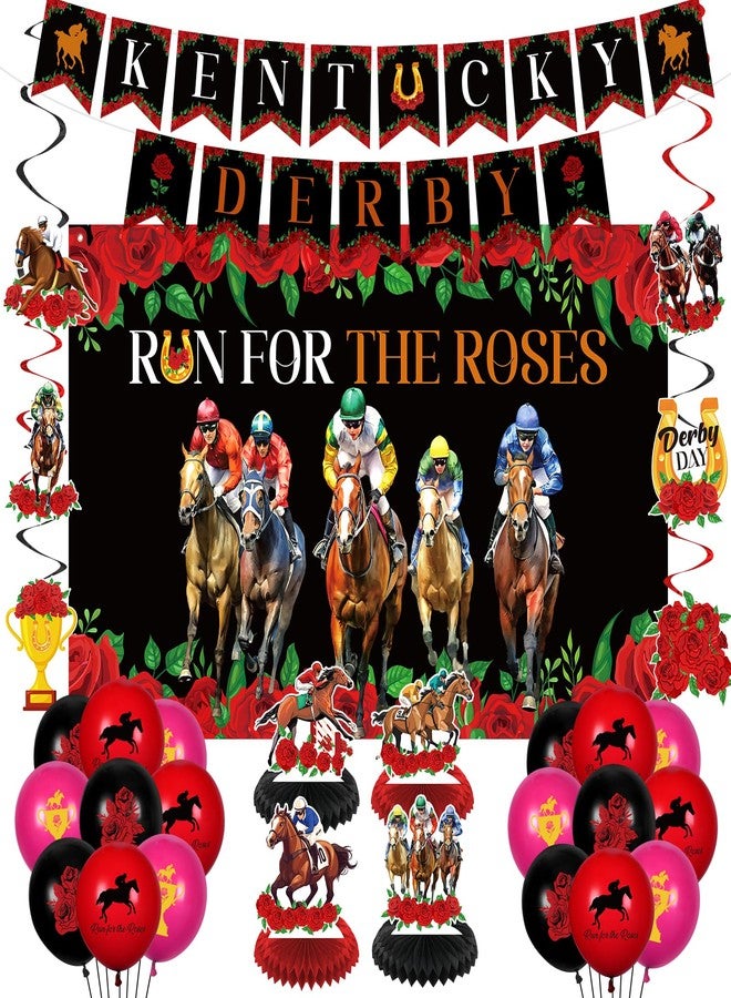 LUUFILx Kentucky Horse Derby Decorations 36Pcs Run for The Roses Horse Racing Party Banner Balloons Table Honeycomb Centerpieces Hanging Swirl Kit for Horse Racing Festival Birthday Baby Shower Party Supplies - Image 1