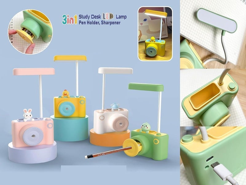 CLOMANA Plastic 3 in 1 USB Chargeable Led Light Table Night Lamp for Kids Bedroom with Pencil Sharpener Pen Holder Stand for Girls Boys Multicolor - Image 3