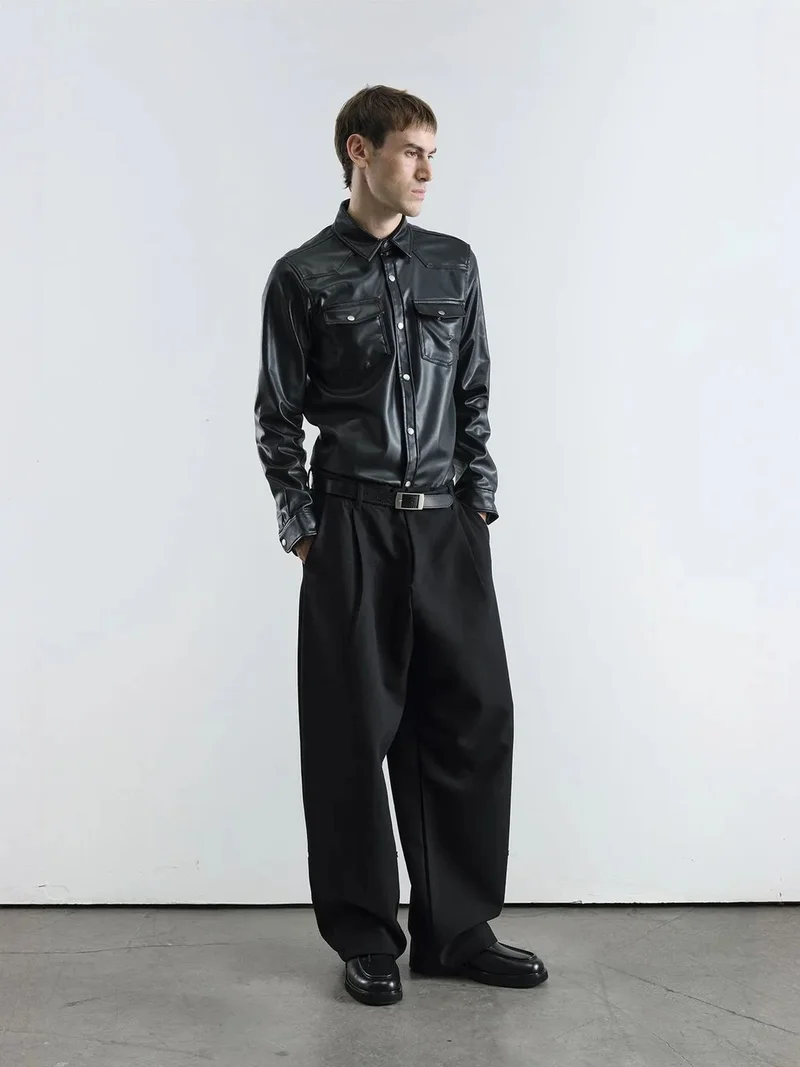 Giesto GIESTO Faux Leather Buttoned Shirt with Pocket