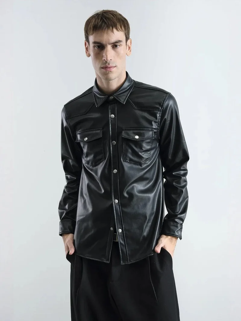 Giesto Black GIESTO Faux Leather Buttoned Shirt with Pocket for Men | Best Price UAE