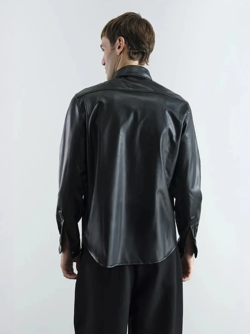 Giesto Black GIESTO Faux Leather Buttoned Shirt with Pocket for Men | Best Price UAE