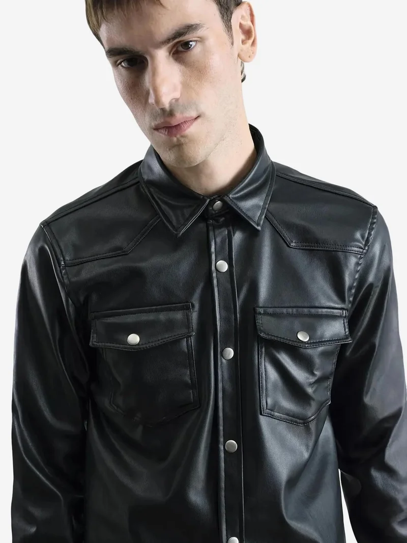 Giesto Black GIESTO Faux Leather Buttoned Shirt with Pocket for Men | Best Price UAE