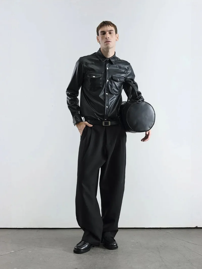 Giesto GIESTO Faux Leather Buttoned Shirt with Pocket