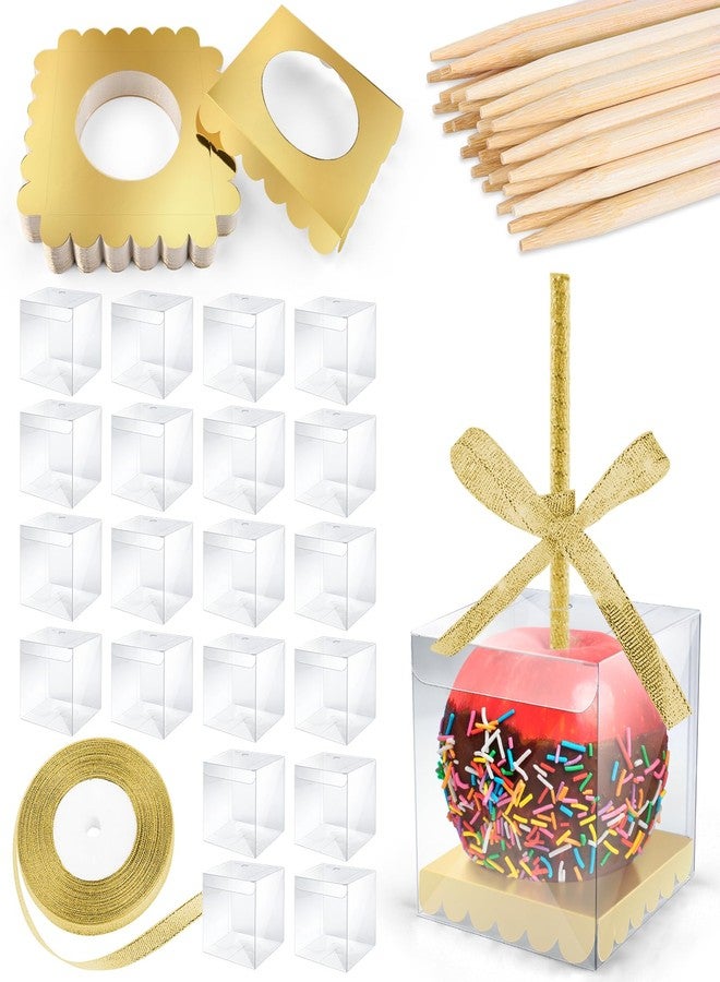 MGWOTH Candy Apple Boxes and Sticks Kit, Include 28pcs Caramel Apple Bamboo Skewers, 25pcs Clear Apple Containers with Hole, 25pcs Apple Bases, 1 pcs Gold Glitter Ribbon, Set for Chocolate Treat Party - Image 1