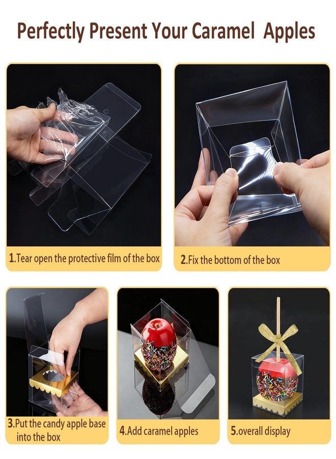 MGWOTH Candy Apple Boxes and Sticks Kit, Include 28pcs Caramel Apple Bamboo Skewers, 25pcs Clear Apple Containers with Hole, 25pcs Apple Bases, 1 pcs Gold Glitter Ribbon, Set for Chocolate Treat Party - Image 4