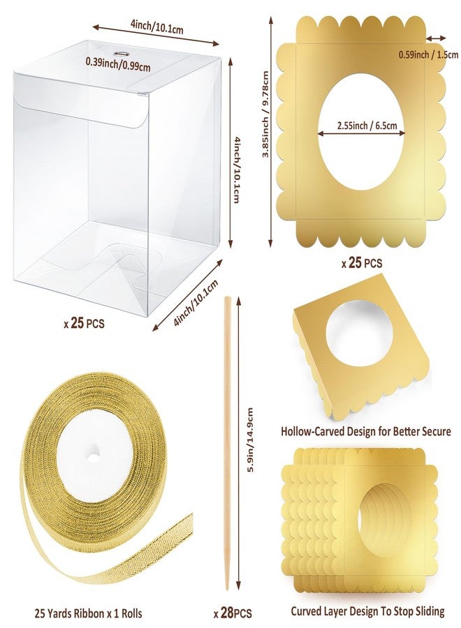 MGWOTH Candy Apple Boxes and Sticks Kit, Include 28pcs Caramel Apple Bamboo Skewers, 25pcs Clear Apple Containers with Hole, 25pcs Apple Bases, 1 pcs Gold Glitter Ribbon, Set for Chocolate Treat Party - Image 3