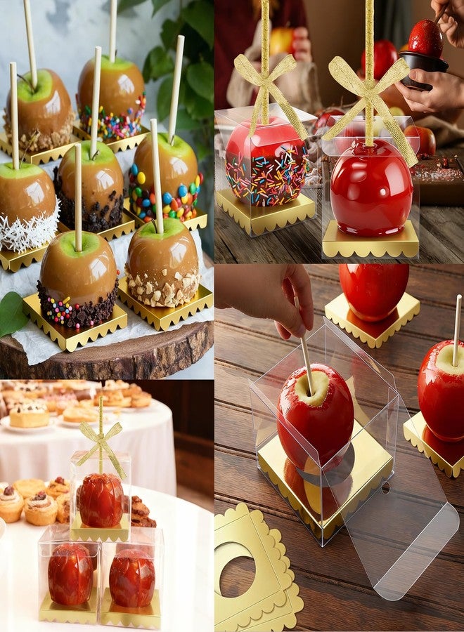 MGWOTH Candy Apple Boxes and Sticks Kit, Include 28pcs Caramel Apple Bamboo Skewers, 25pcs Clear Apple Containers with Hole, 25pcs Apple Bases, 1 pcs Gold Glitter Ribbon, Set for Chocolate Treat Party - Image 5