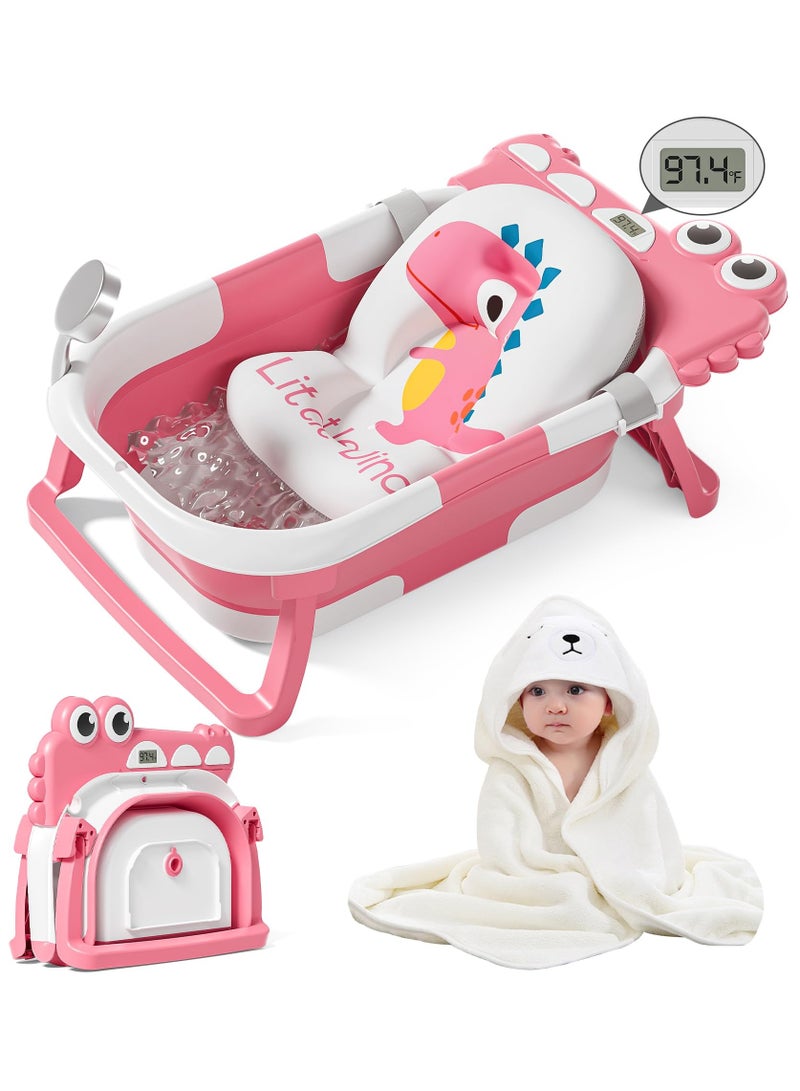 أسيف حوض استحمام قابل للطي للأطفال حديثي الولادة مع ميزان حرارة ومنشفة بغطاء رأس ووسادة عائمة ناعمة، حوض استحمام محمول للسفر مع فتحة تصريف، أحواض استحمام متينة قابلة للطي للأطفال الرضع والأطفال الصغار من ASIV - Image 1