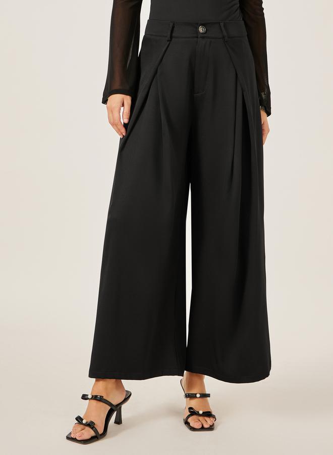 Styli Pleated Black Wide Leg Pants for Women  - Image 2