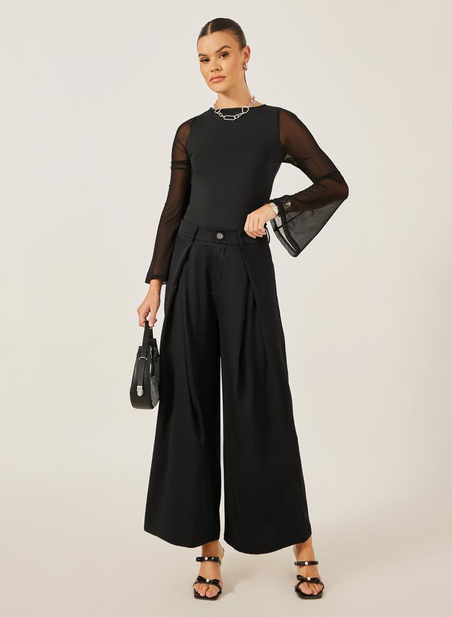 Styli Pleated Black Wide Leg Pants for Women  - Image 1