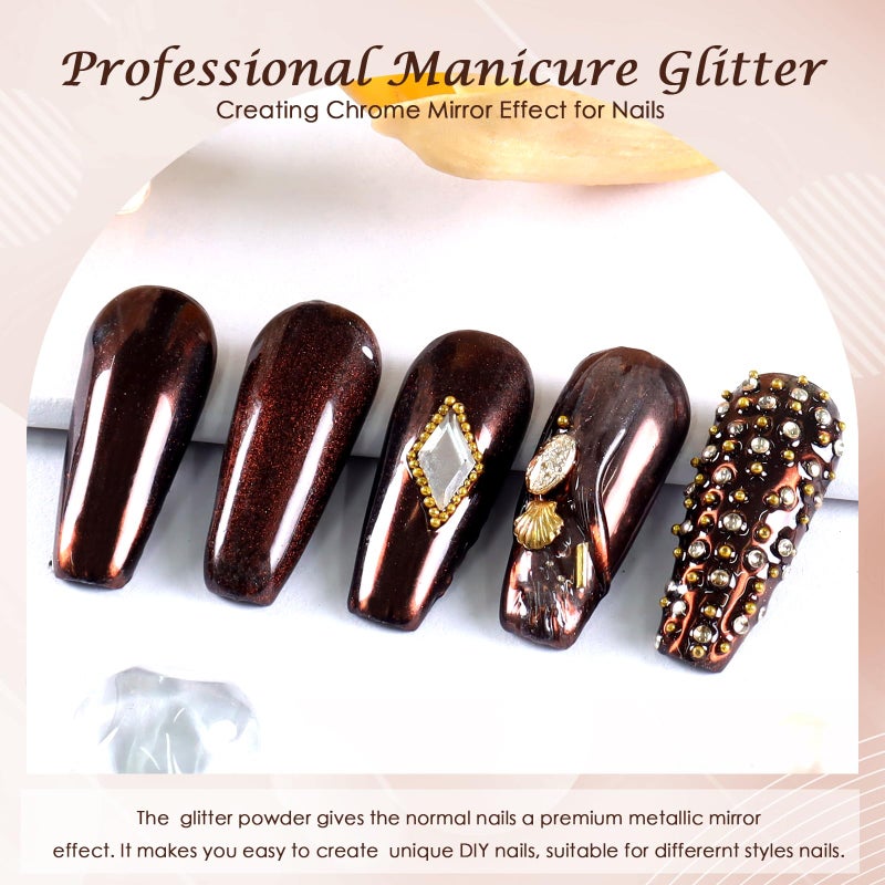 Laza Chrome Nail Powder Mirror Effect Metallic Dust Holographic Glitter Glazed Manicure Decoration Reflective Pigment for DIY Gel Polish Nail Art, Resin Craft, Gifts - Deep Brown - Image 2