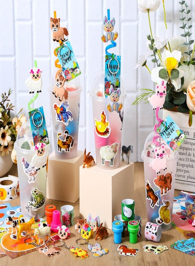 Poen 172 Pcs Farm Animal Party Favors Set Include Cup Straw Stamp Clap Bracelet Keychain Ring Puzzle Sticker Animal Miniature Card for Birthday Party Baby Shower Goody Bag Stuffer - Image 4