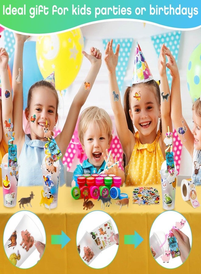 Poen 172 Pcs Farm Animal Party Favors Set Include Cup Straw Stamp Clap Bracelet Keychain Ring Puzzle Sticker Animal Miniature Card for Birthday Party Baby Shower Goody Bag Stuffer - Image 5