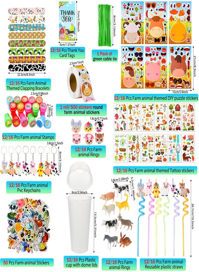 Poen 172 Pcs Farm Animal Party Favors Set Include Cup Straw Stamp Clap Bracelet Keychain Ring Puzzle Sticker Animal Miniature Card for Birthday Party Baby Shower Goody Bag Stuffer - Image 2