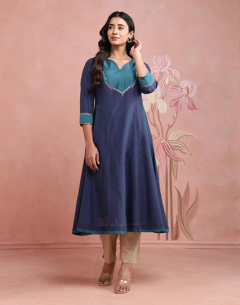 فاب انديا Purple Cotton Silk Embroidered Slim Fit Long Kurta