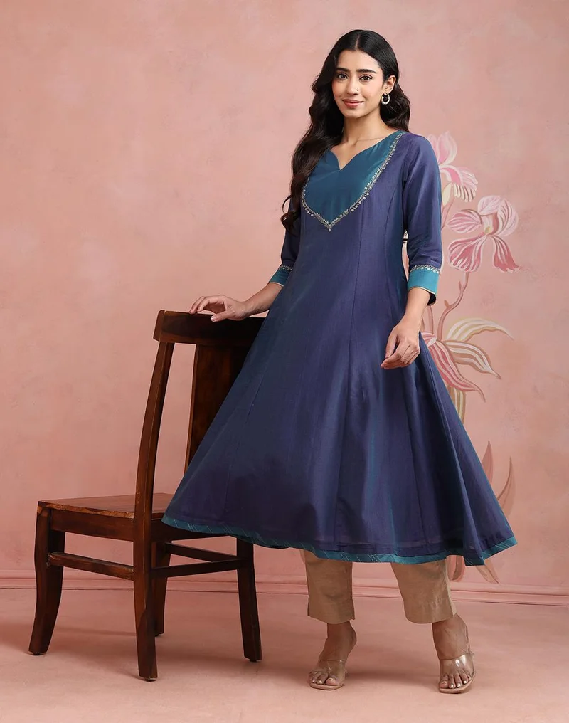فاب انديا Purple Cotton Silk Embroidered Slim Fit Long Kurta