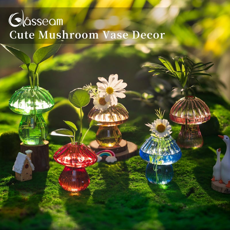 Glasseam Mushroom Plant Propagation Stations: Glass Terrarium Jars with Wood Stand - Unique Hydroponic Planters for Indoor Plants, Office Decor - 5 Pcs - Image 2