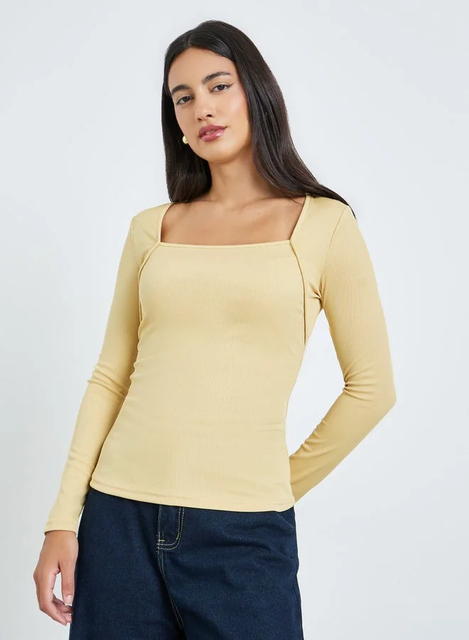 ستايلي Yellow Square Neck Fitted Knit Tops