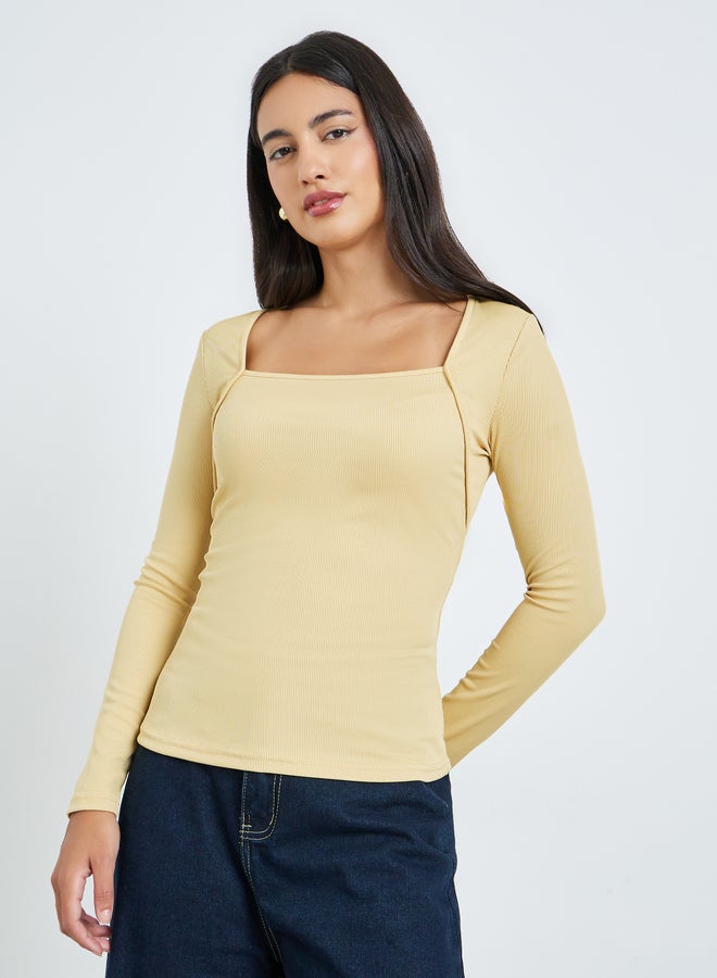 Styli Yellow Square Neck Fitted Knit Tops - Image 1