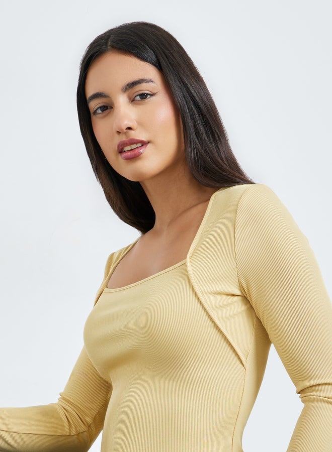 Styli Yellow Square Neck Fitted Knit Tops - Image 3