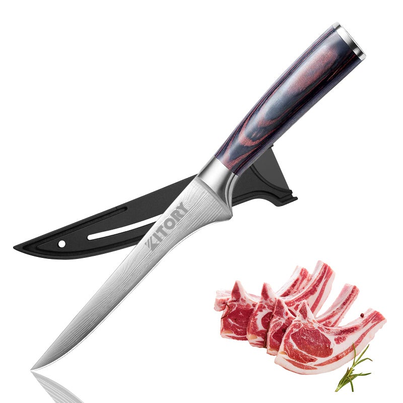 Kitory Professional Boning Knife  Precision Kitchen Knife with DamascusStyle Stainless Steel Blade Ergonomic Wood Handle and Protective Sheath  Perfect for Deboning Filleting and Trimming