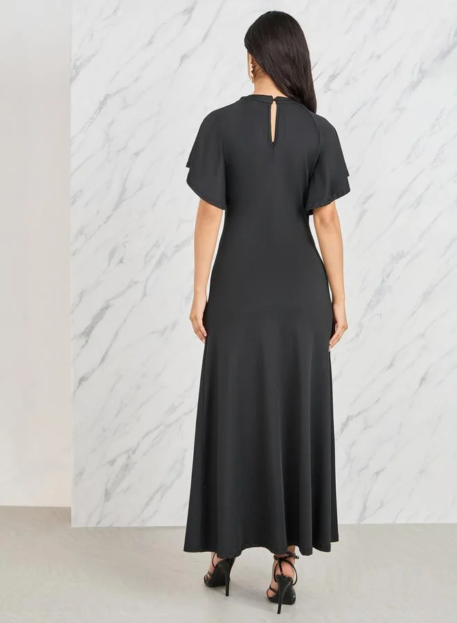 Styli Pleated Button Detail A-Line Maxi Dress