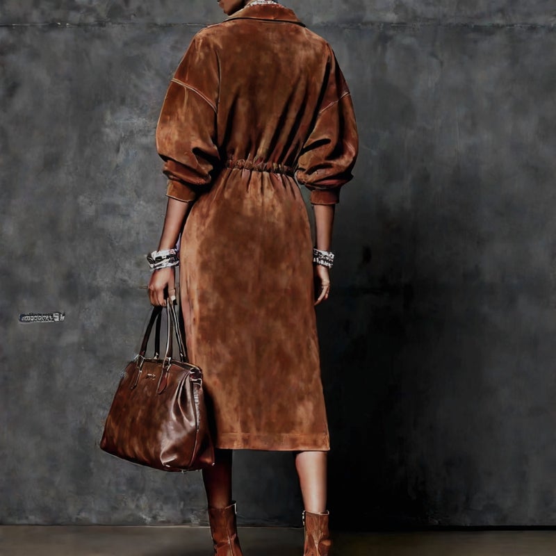 فستان طويل الأكمام بسحاب أمامي وياقة عالية من الجلد المدبوغ مع حزام - Image 4