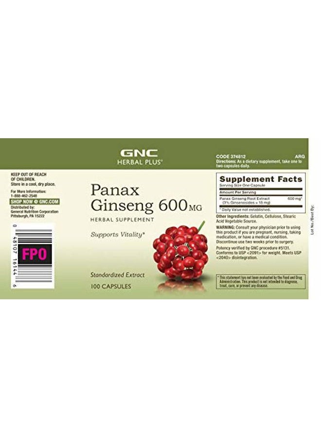 GNC Herbal Plus Panax Ginseng 600mg, 100 Capsules, Supports Vitality - Image 3