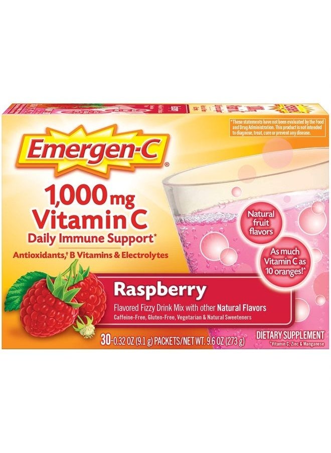 Emergen-C 1000mg Vitamin C Powder, with Antioxidants, B Vitamins and Electrolytes, Immunity Supplements for Immune Support, Caffeine Free Fizzy Drink Mix, Raspberry Flavor - 30 Count/1 Month Supply  - Image 1