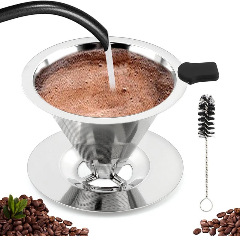 Trasylph Pour Over Coffee Dripper With Cleaning Brush,Upgraded Double Micro Mesh Filter with Cup Stand,Stainless Steel Coffee Filter,Reusable Coffee Filter,Pour Over Coffee Maker(1-2cup) - Image 1