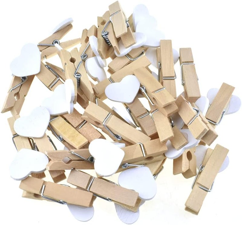 HAHIYO Heart Painted Mini Wooden Clothespin Clip Photo Paper Holders 1.38inch Tight Clamp Not Fray Rope Post Notices Handy Read for Hanging Postcard Wedding White 50PCS - Image 1