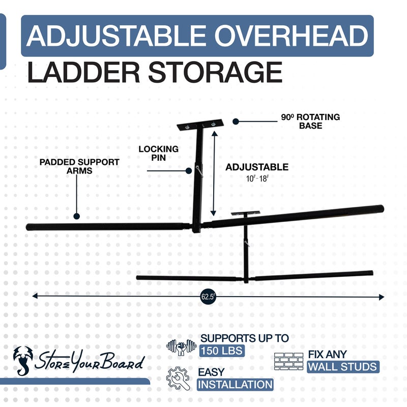 StoreYourBoard Adjustable Overhead Ladder Rack â€“ Garage Organizer Ladder Shelf for Step & Extension Ladders - Storage Racks and Shelving for Garage Organization - Ceiling Mounted - Holds 150 lbs - Image 4