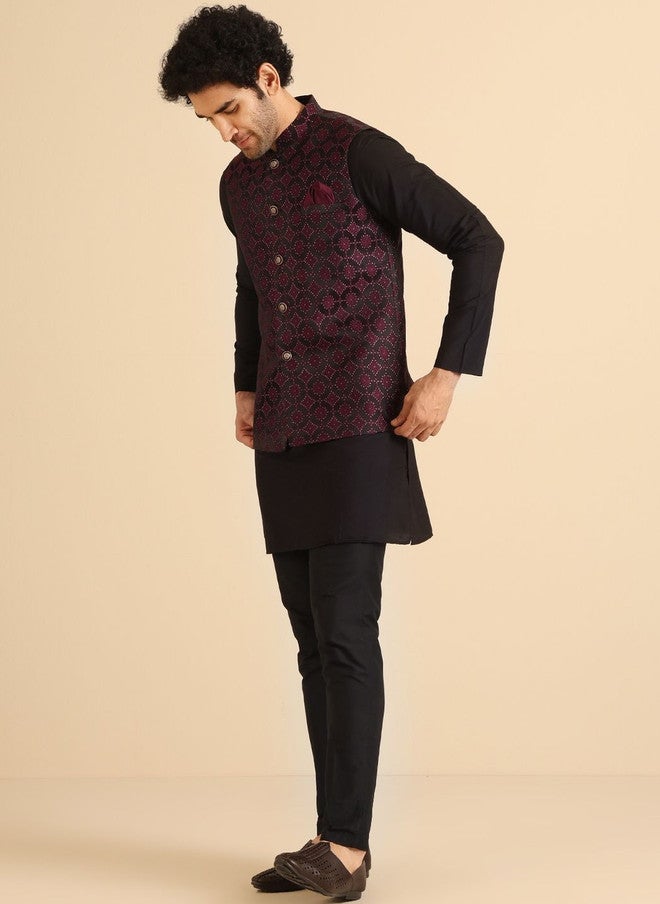 KISAH Burgundy Woven Design Nehru Jacket - Image 5