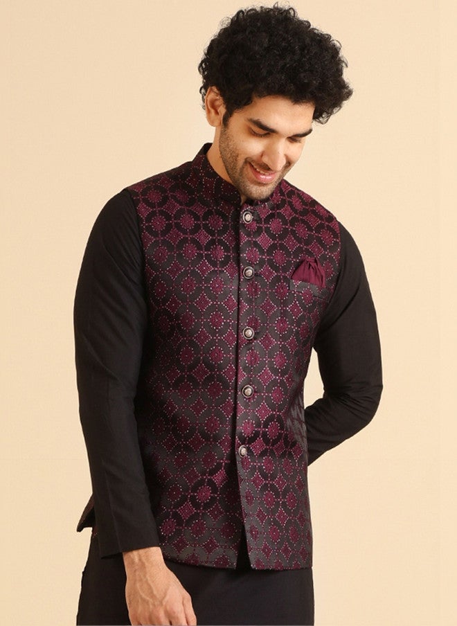 KISAH Burgundy Woven Design Nehru Jacket - Image 2