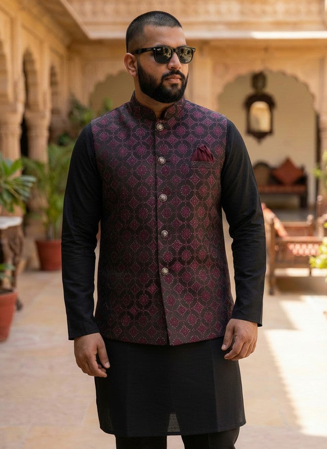 KISAH Burgundy Woven Design Nehru Jacket - Image 1