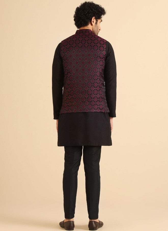 KISAH Burgundy Woven Design Nehru Jacket - Image 4