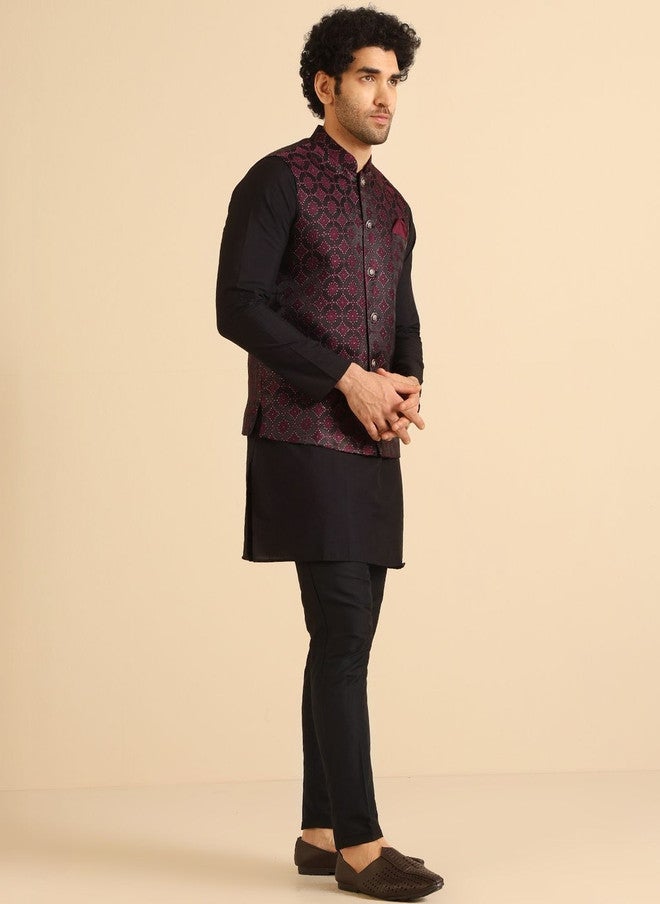 KISAH Burgundy Woven Design Nehru Jacket - Image 3