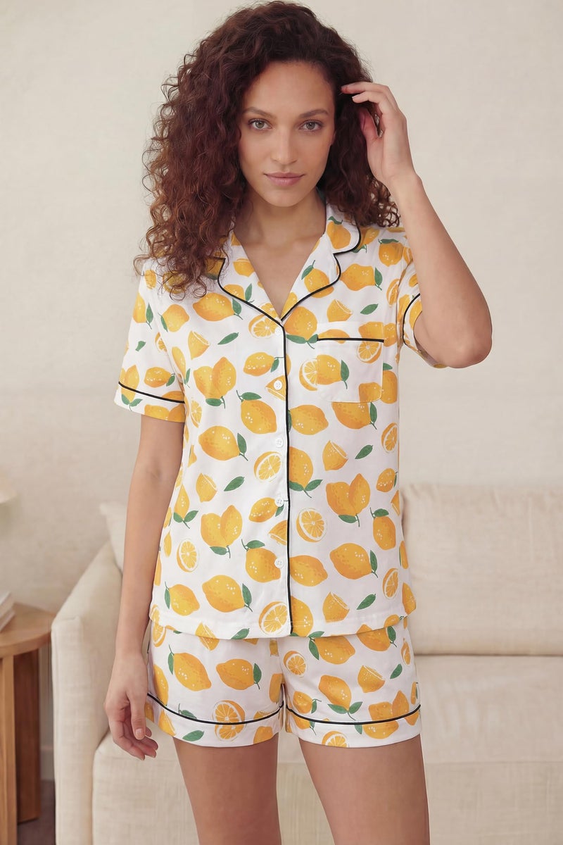 LUBOT 100% Cotton Pajamas for Women PJ Set with Pockets Ladies Soft Button-Down Short Sleeve 2 Piece Knit Summer Printed Pattern Night Suit Sleepwear Loungewear (Lemon, M) - Image 5
