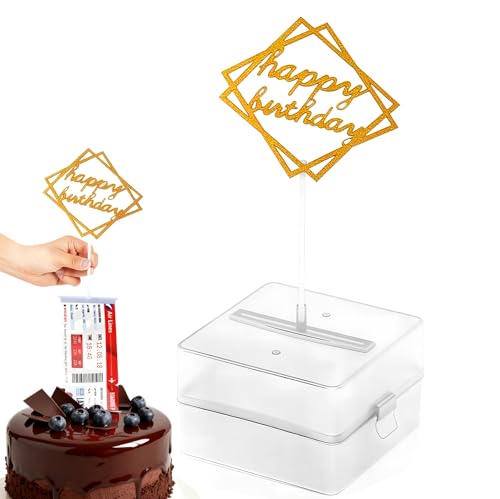 SIENON Suprise Cake Pull Out Box Cake Topper Kit, 1Pc Clear Food Contact Safe Box, 1Pc Gold Happy Brithday, 20Pcs Pockets for Birthday Graduation Wedding Party Surprise Cake Decorations - Image 1