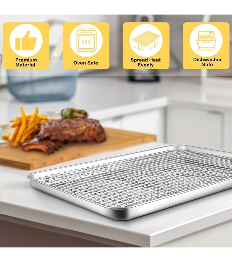 1pc Stainless Steel Baking Tray With Cooling Rack For Grilling Cakes Chicken Wings - Image 4