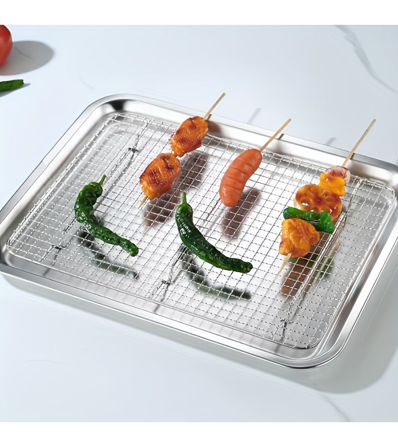 1pc Stainless Steel Baking Tray With Cooling Rack For Grilling Cakes Chicken Wings - Image 1
