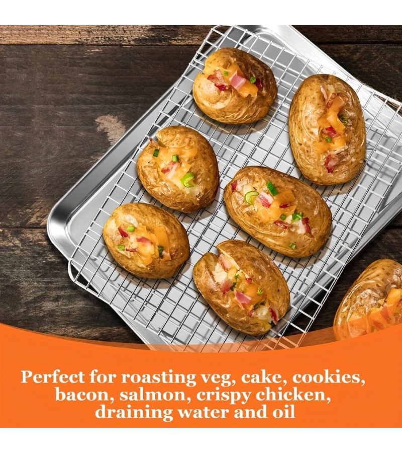 1pc Stainless Steel Baking Tray With Cooling Rack For Grilling Cakes Chicken Wings - Image 3