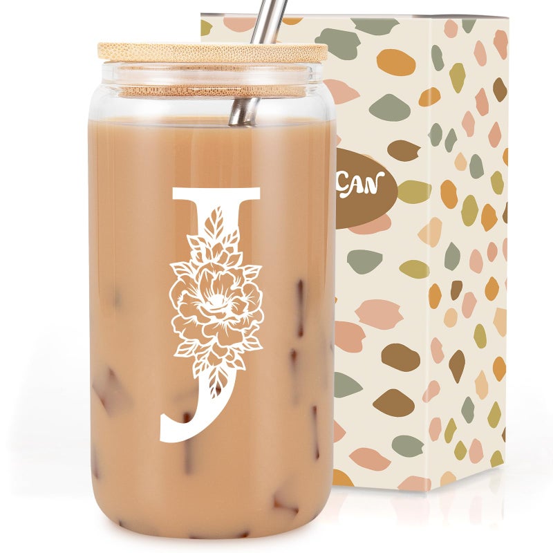 Coolife Initial Glass Cup, Monogrammed Gifts for Women, 16 oz Glass Cups w/Lids Straws, Iced Coffee Smoothie Beer Tumbler w/Straw Lid - Personalized Christmas, Birthday Gifts for Her Mom Friend Woman - Image 1